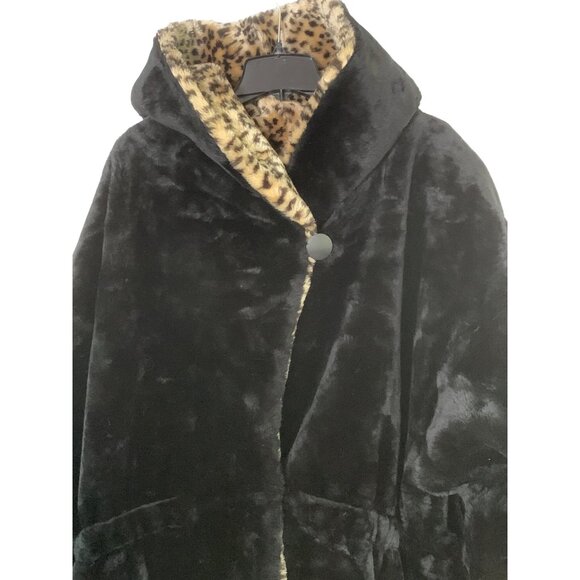 Black Faux Fur Coat Leopard Print Trim Hooded Monterey Fashions 3X RG10187 - Picture 7 of 13